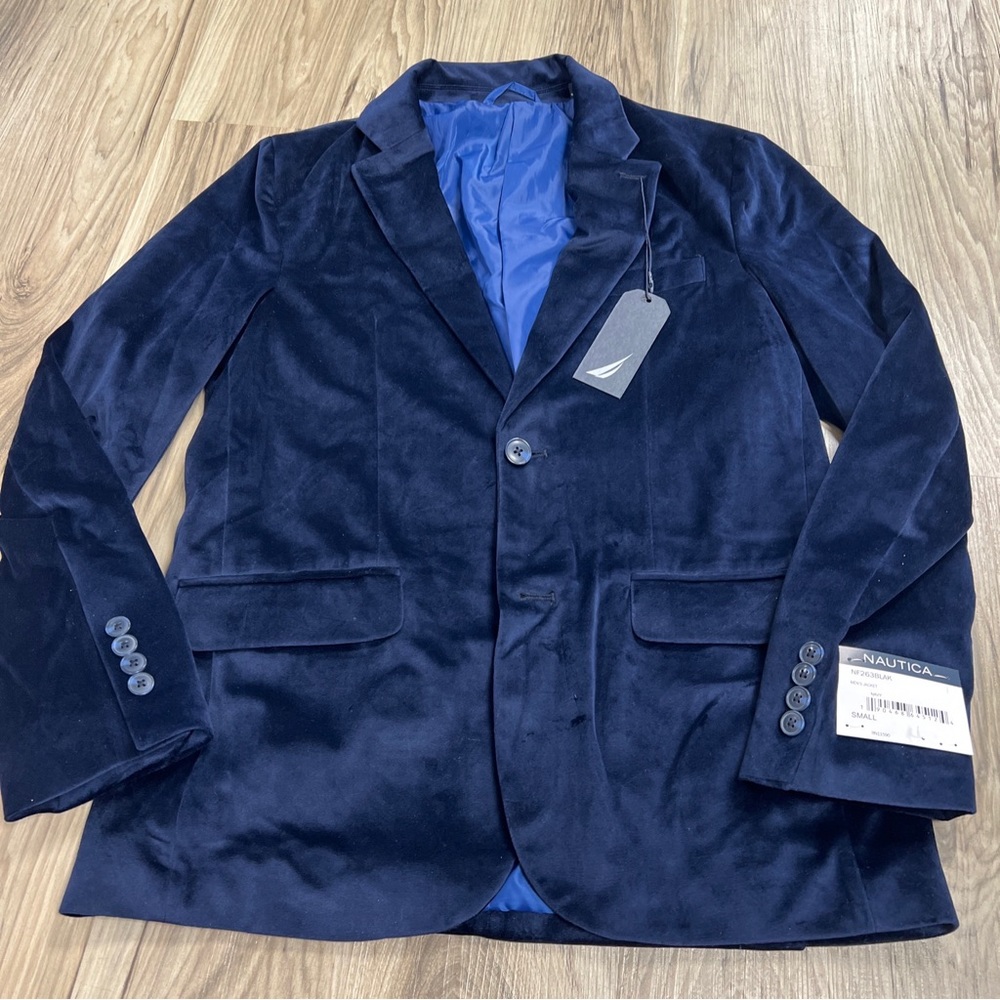 Nautica Velour Sport Coat/Blazer Navy Blue Modern-Fit/2-Button Front Men’s Small